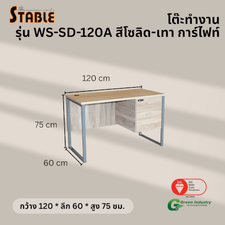 โต๊ะทำงานไม้ STABLE รุ่น WS-SD-120A 120 ซม. สีโซลิด-เทา การ์ไฟท์_2